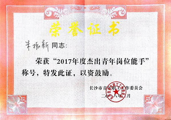 SG胜游智能朱振新荣获长沙市2017年度杰出青年岗位能手